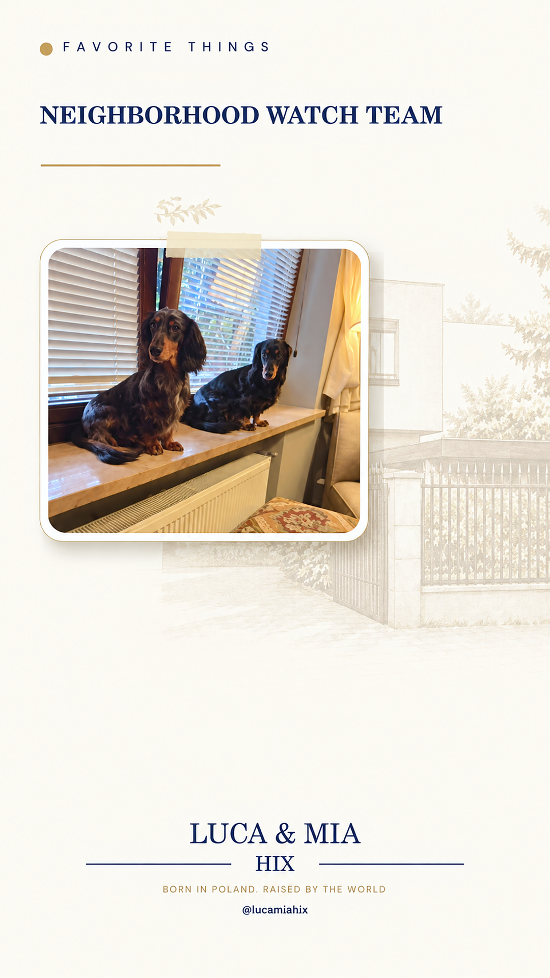 Favorite Things feature showing Luca and Mia together at their neighborhood watch window